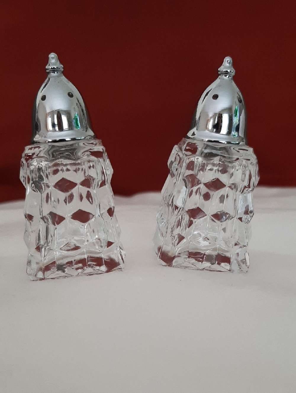 FOSTORIA AMERICAN Cut Glass Salt & Pepper Shaker Pair with Silver Tops
